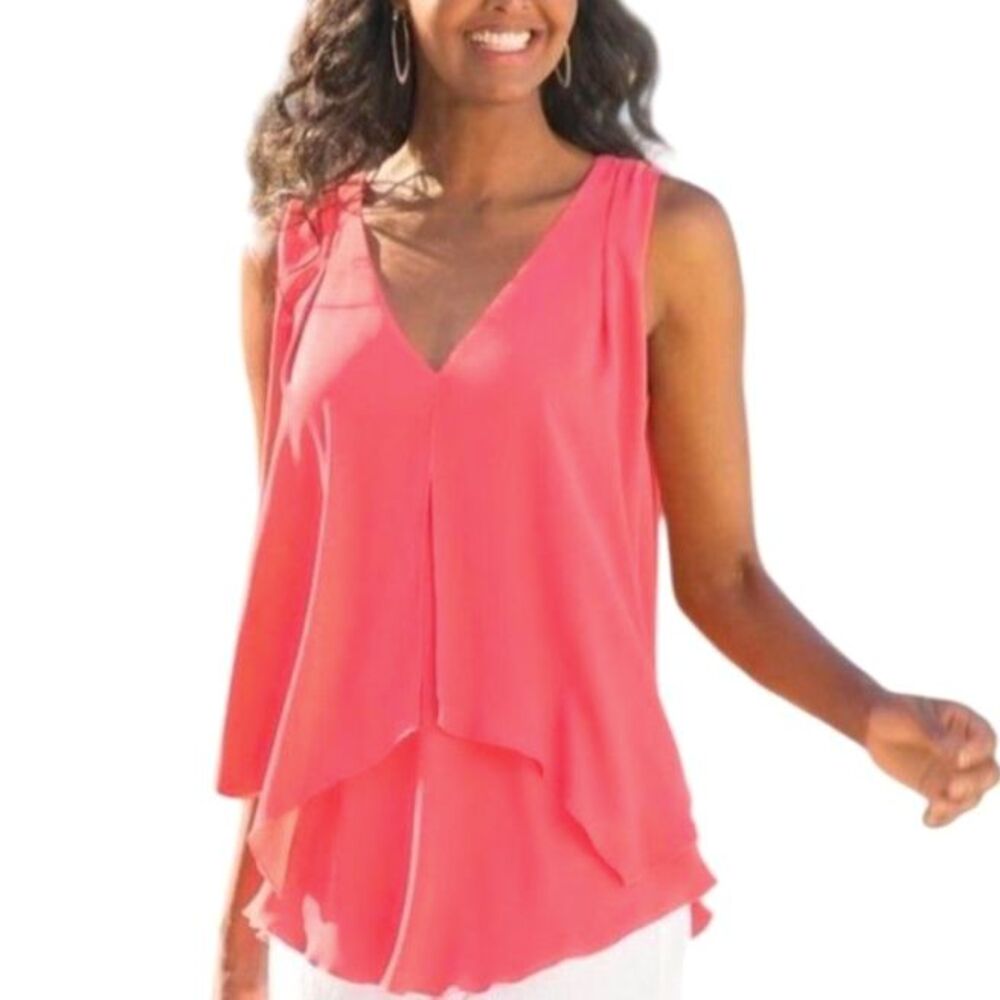 Soft Surroundings Coral Orange Chiffon Tiered V-Neck Sleeveless Tunic Top Sz PM